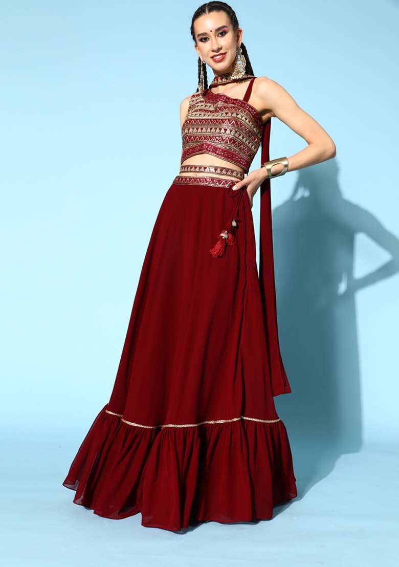 Maroon Embroidered Georgette Lehenga Set With Dupatta - Indya