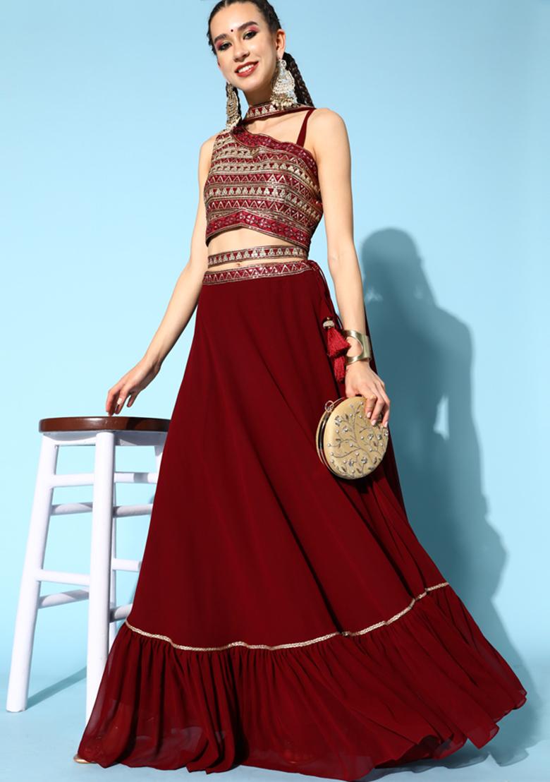 Maroon Embroidered Georgette Lehenga Set With Dupatta
