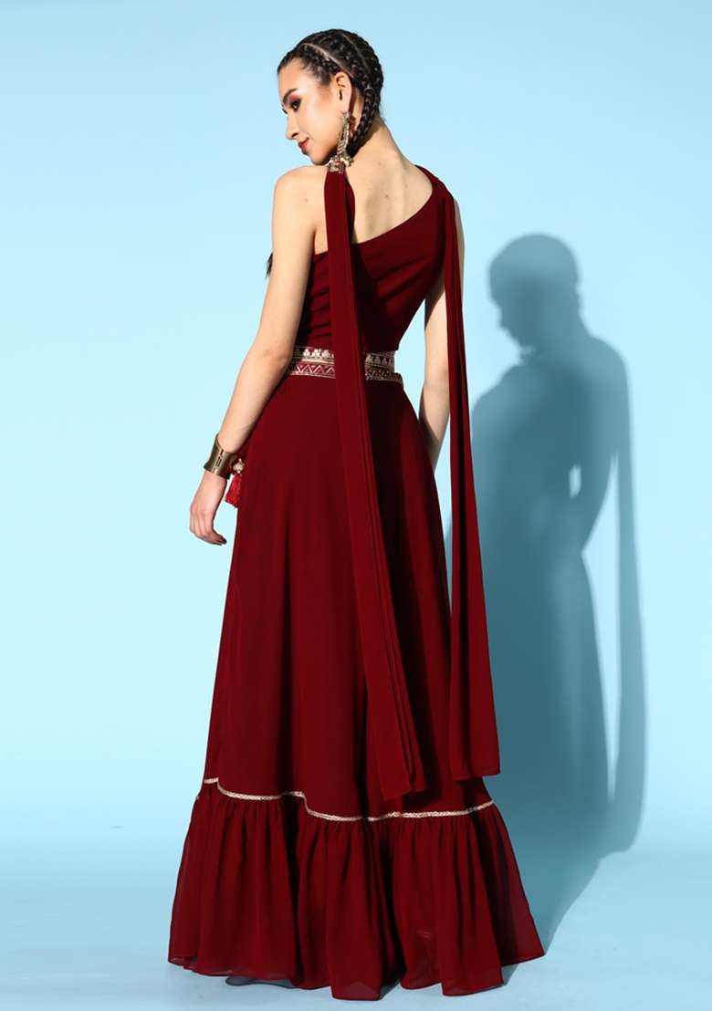 Maroon Embroidered Georgette Lehenga Set With Dupatta - Indya