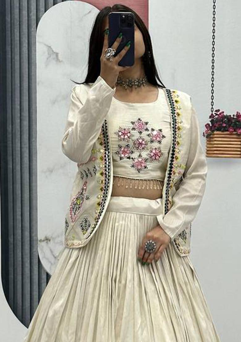 Cream Embroidered Tissue Lehenga Set With Dupatta