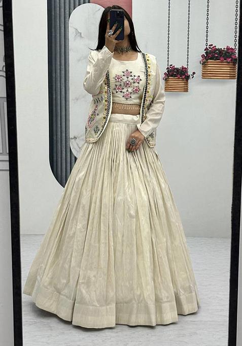 Cream Embroidered Tissue Lehenga Set With Dupatta
