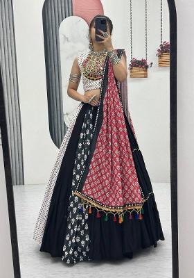 Black Embroidered Cotton Lehenga Set With Dupatta