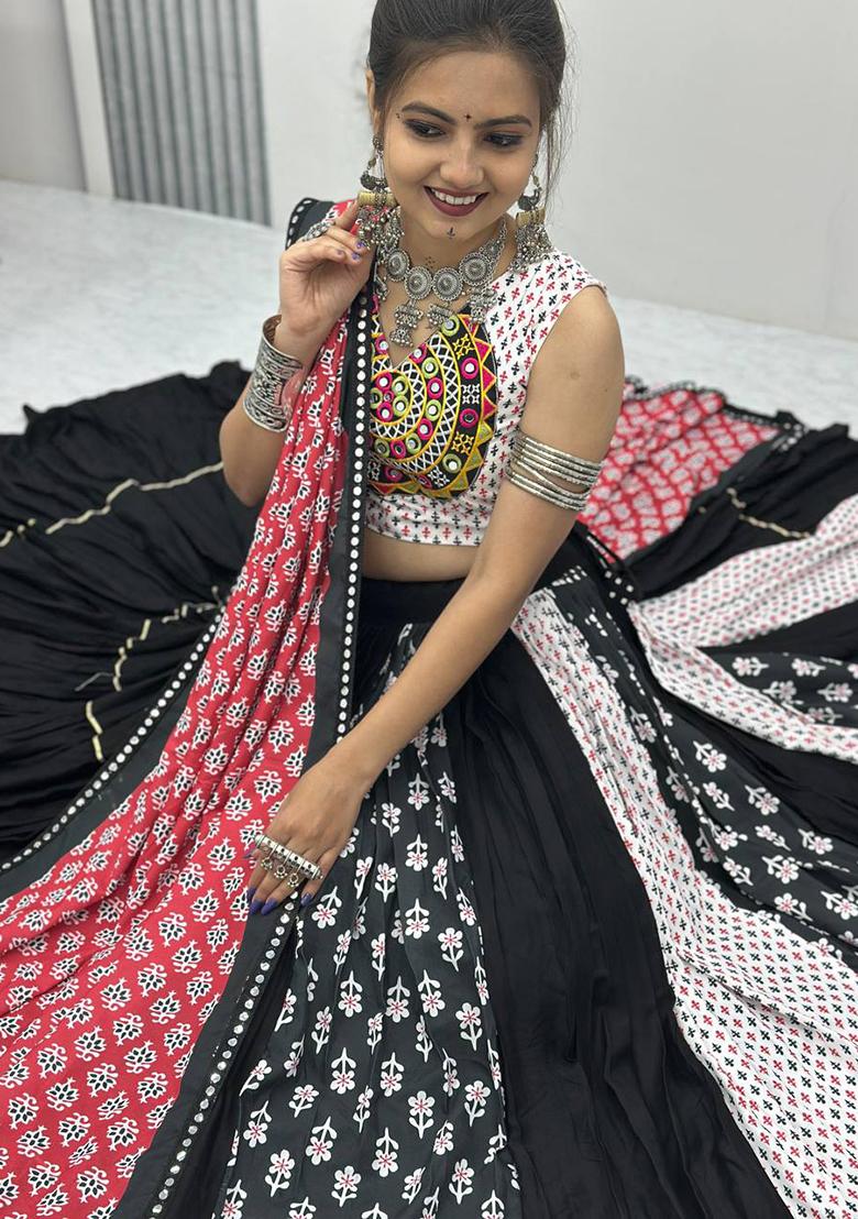Black Embroidered Cotton Lehenga Set With Dupatta