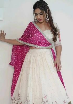 Cream Embroidered Silk Lehenga Set With Dupatta