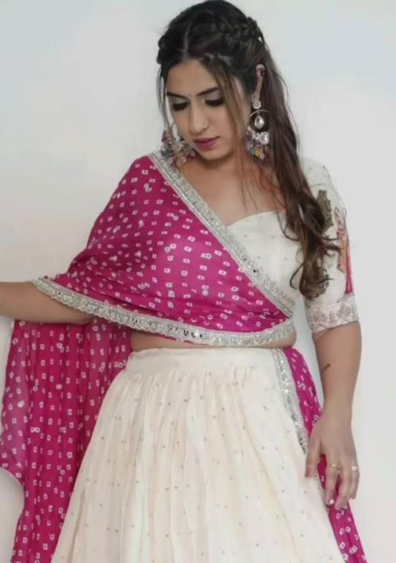 Cream Embroidered Silk Lehenga Set With Dupatta