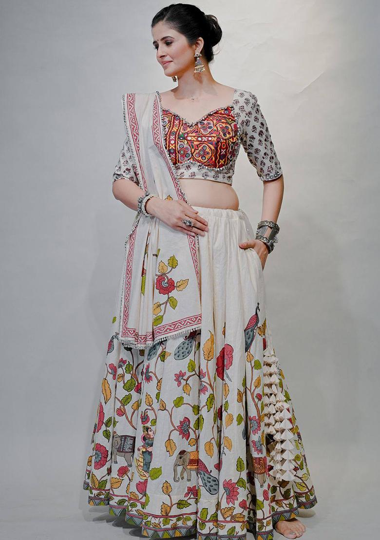 White Embroidered Cotton Lehenga Set With Dupatta