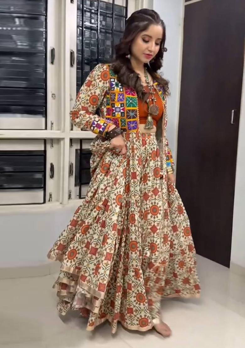 Rust Embroidered Cotton Lehenga Set With Dupatta