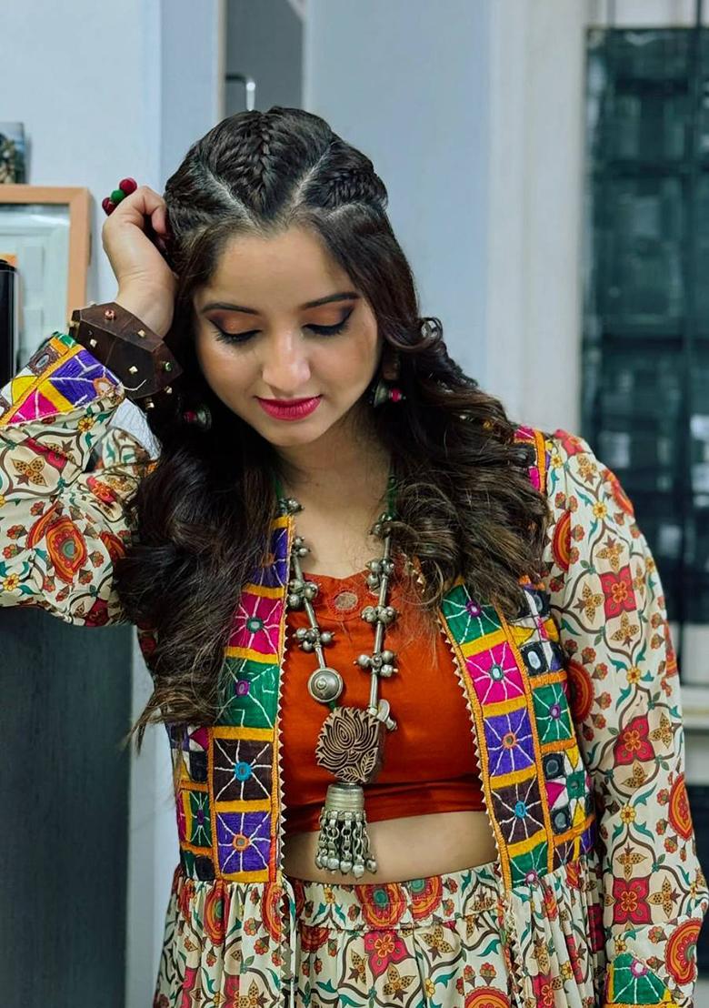 Rust Embroidered Cotton Lehenga Set With Dupatta