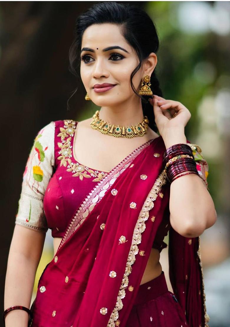 Maroon Embroidered Georgette Lehenga Set With Dupatta