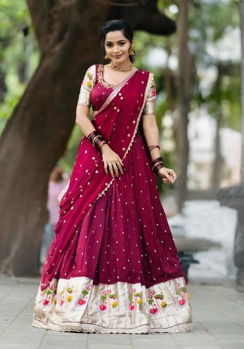 Maroon Embroidered Georgette Lehenga Set With Dupatta