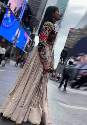 Cream Embroidered Cotton Lehenga Set With Dupatta