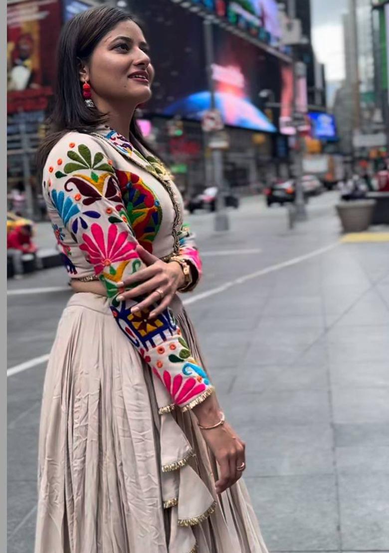 Cream Embroidered Cotton Lehenga Set With Dupatta