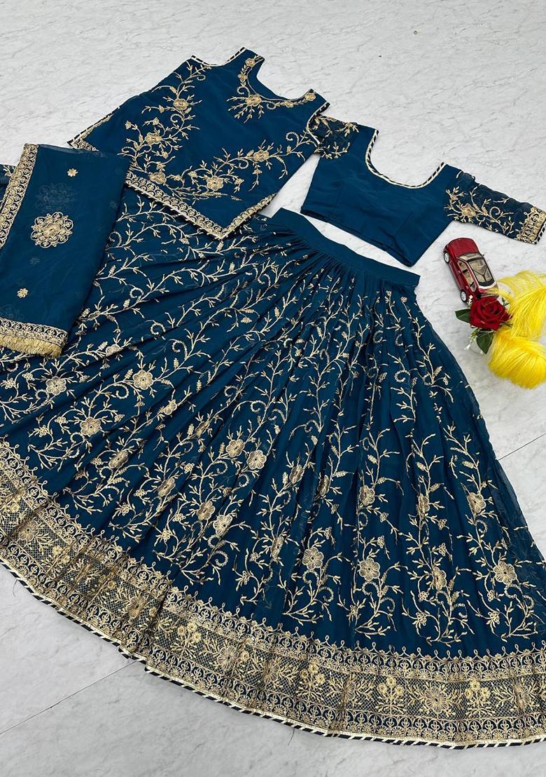 Blue Embroidered Georgette Lehenga Set With Dupatta