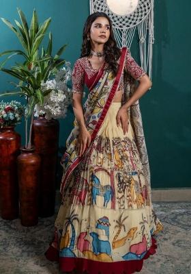 Cream Embroidered Cotton Lehenga Set With Dupatta