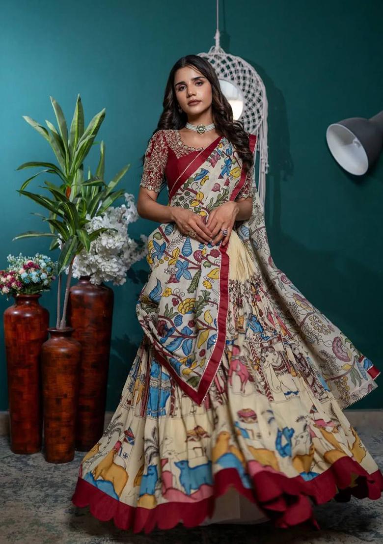 Cream Embroidered Cotton Lehenga Set With Dupatta