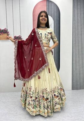 White Embroidered Cotton Lehenga Set With Dupatta