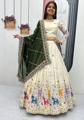 Cream Embroidered Cotton Lehenga Set With Dupatta