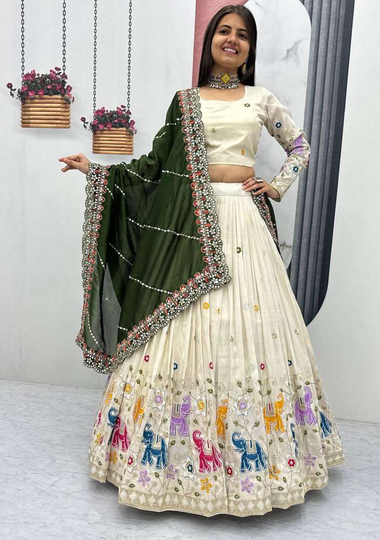 Cream Embroidered Cotton Lehenga Set With Dupatta for Diwali and Festive Wear - Indya
