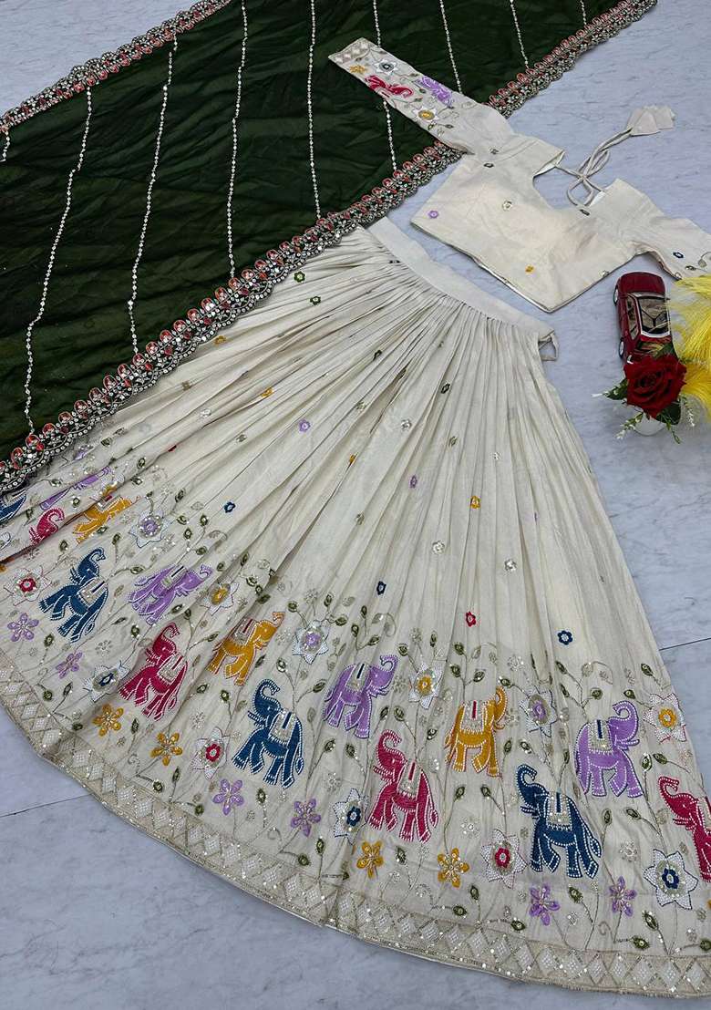 Cream Embroidered Cotton Lehenga Set With Dupatta for Diwali and Festive Wear - Indya