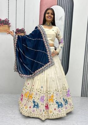 Cream Embroidered Cotton Lehenga Set With Dupatta