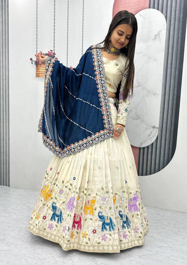 Cream Embroidered Cotton Lehenga Set With Dupatta
