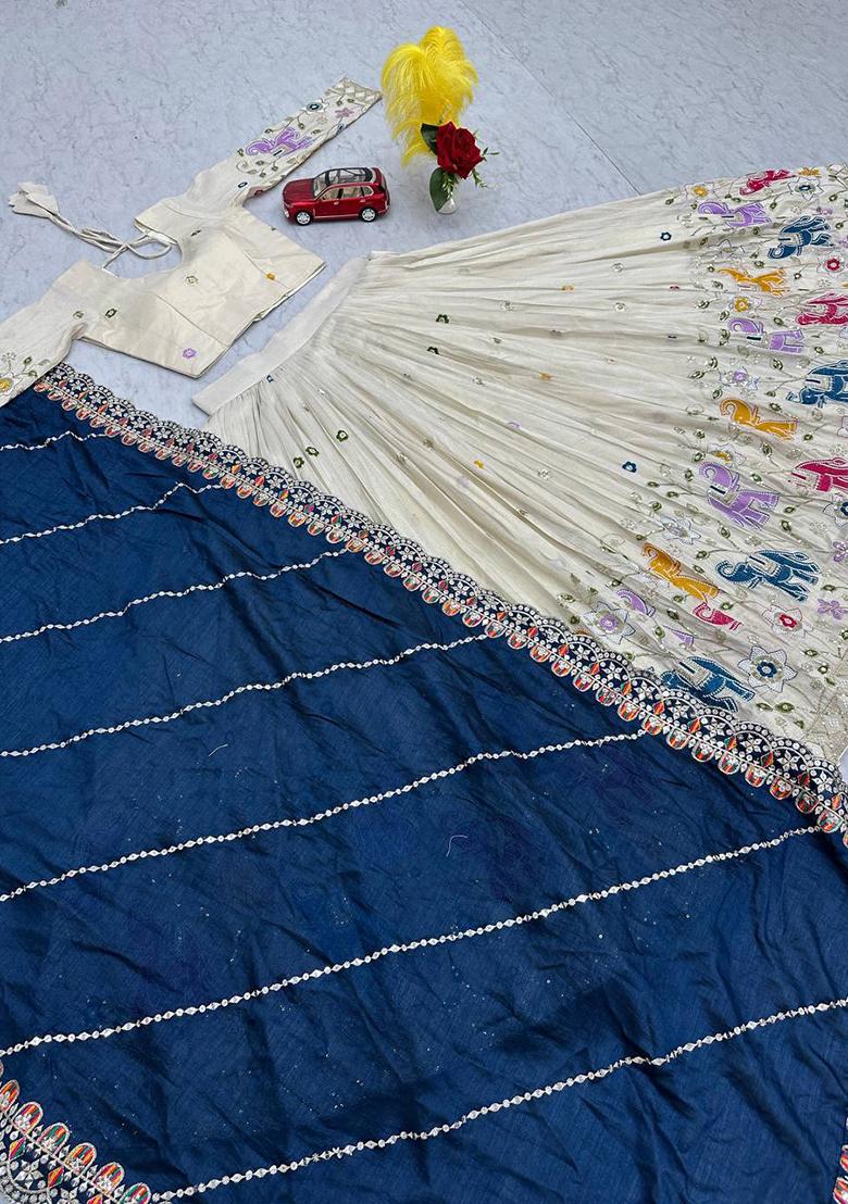 Cream Embroidered Cotton Lehenga Set With Dupatta