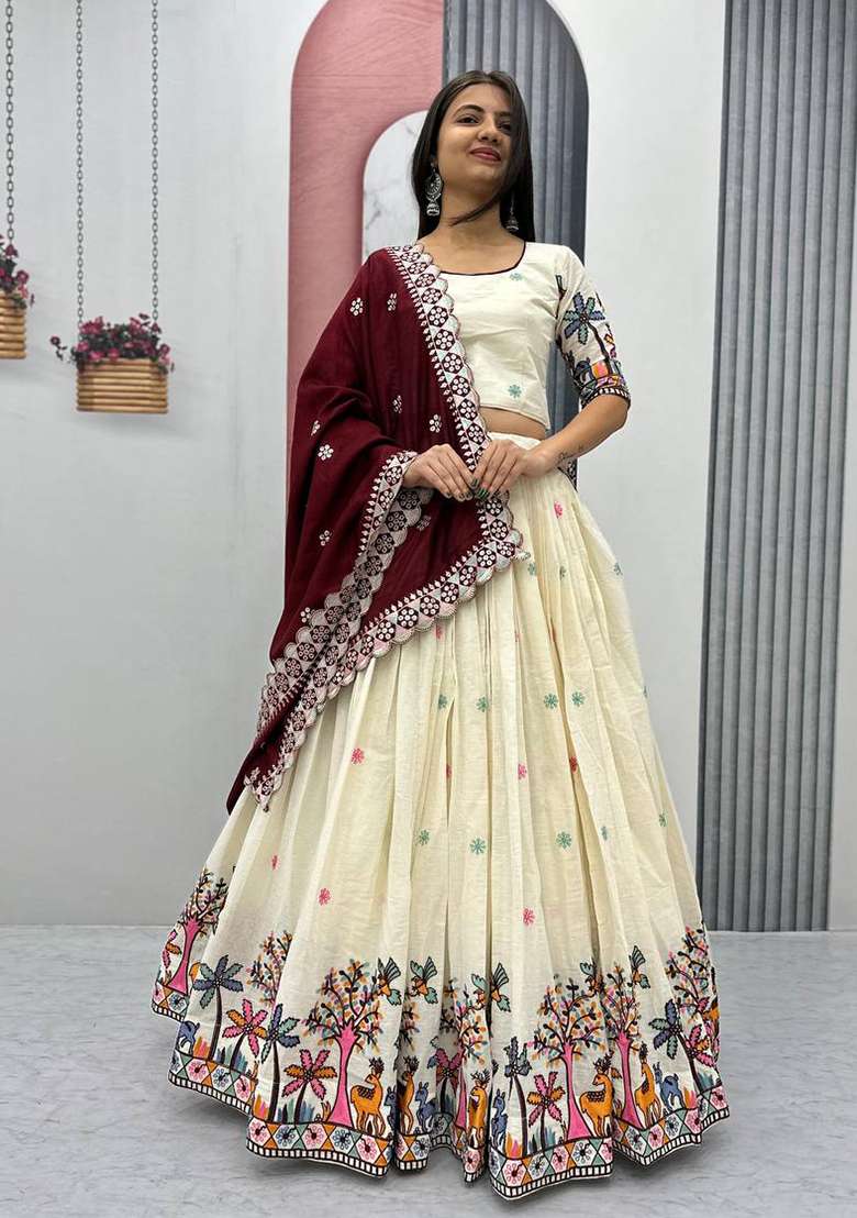 Cream Embroidered Cotton Lehenga Set With Dupatta for Diwali and Festive Wear - Indya