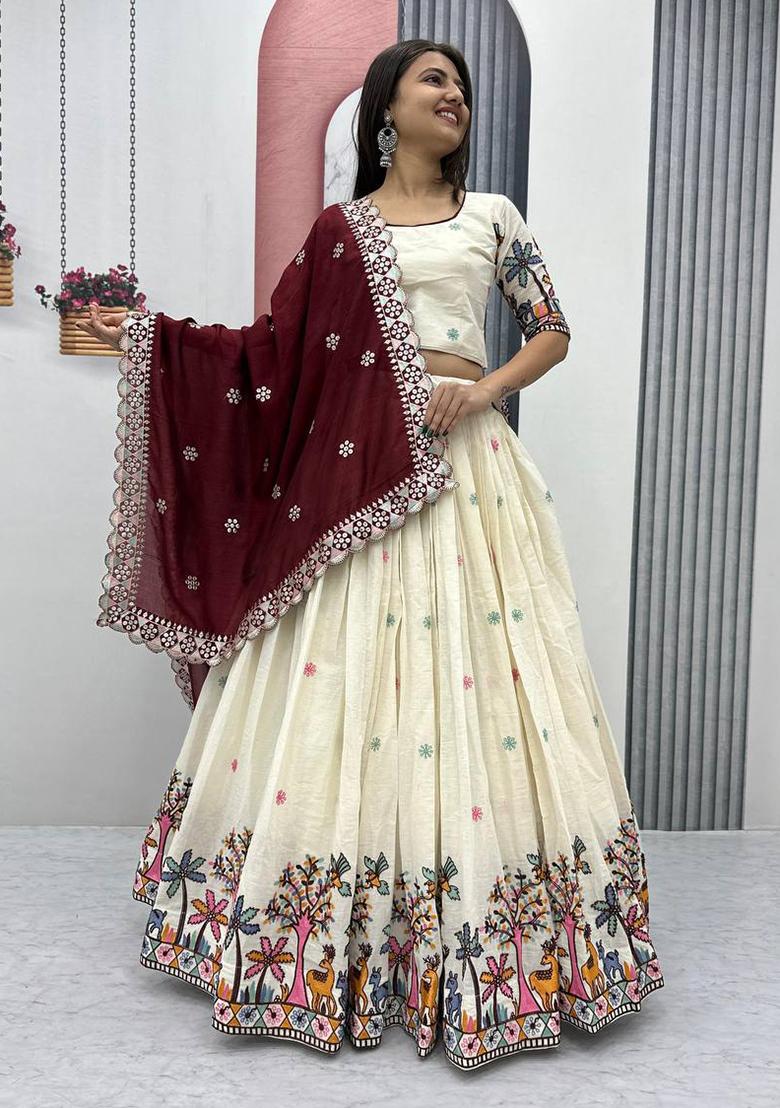 Cream Embroidered Cotton Lehenga Set With Dupatta