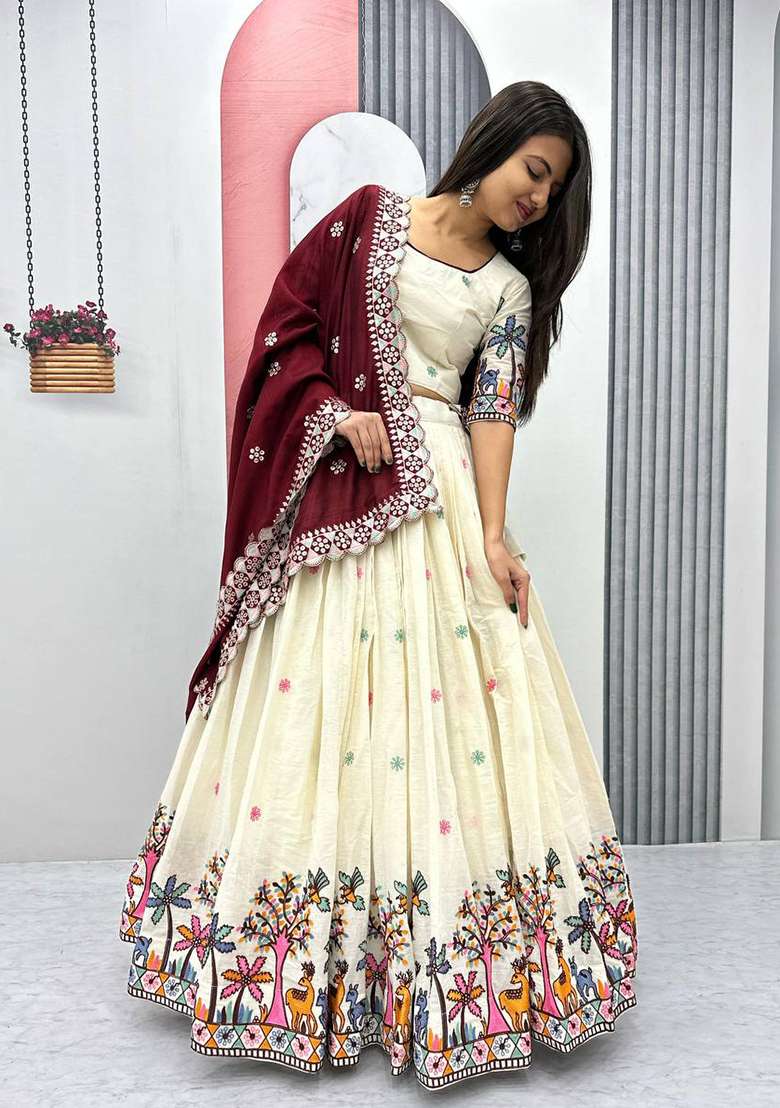 Cream Embroidered Cotton Lehenga Set With Dupatta for Diwali and Festive Wear - Indya
