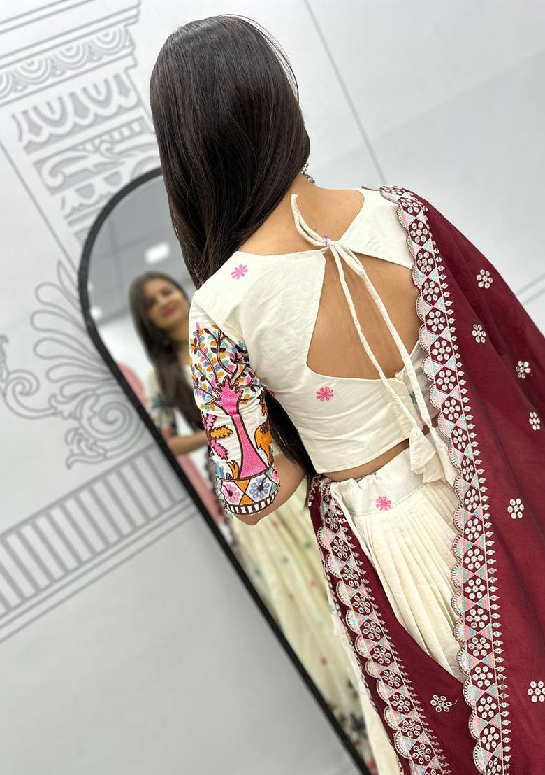 Cream Embroidered Cotton Lehenga Set With Dupatta