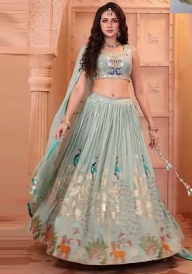 Mint Green Embroidered Chinon Lehenga Set With Dupatta