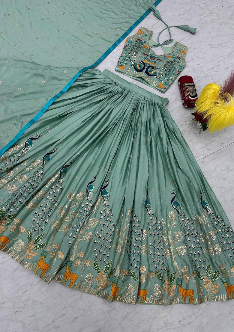 Mint Green Embroidered Chinon Lehenga Set With Dupatta