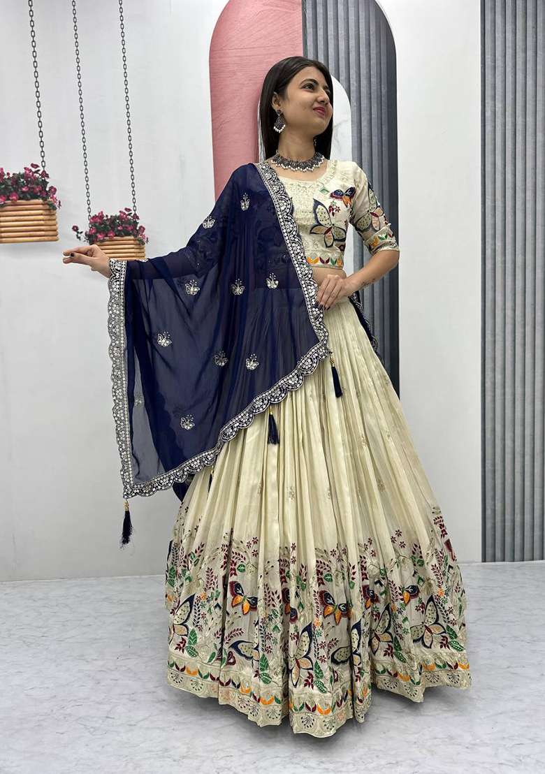 Cream With Dupatta Silk Blend Lehenga Set with Embroidered for Diwali | Wedding & Festive Wear - Indya