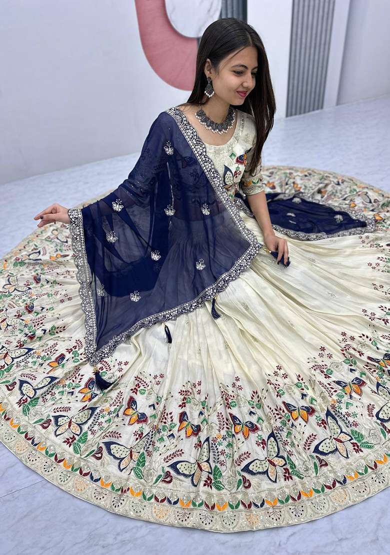 Cream With Dupatta Silk Blend Lehenga Set with Embroidered for Diwali | Wedding & Festive Wear - Indya