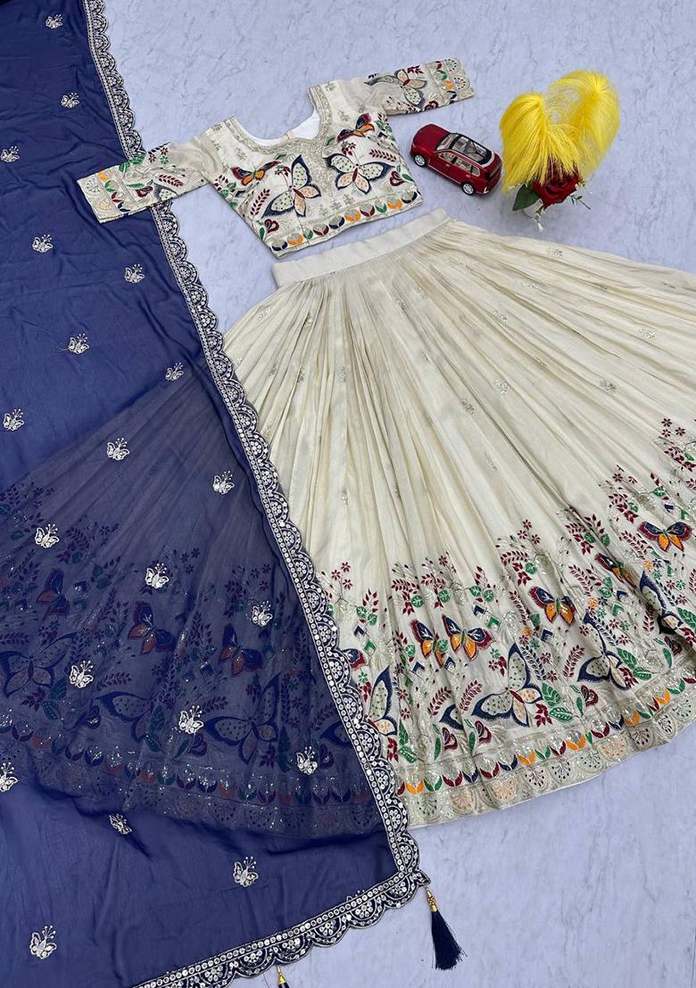 Cream Embroidered Silk Lehenga Set With Dupatta
