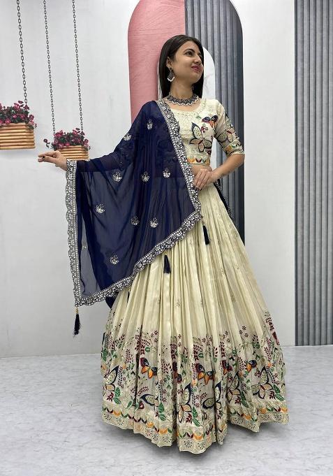 Cream Embroidered Silk Lehenga Set With Dupatta