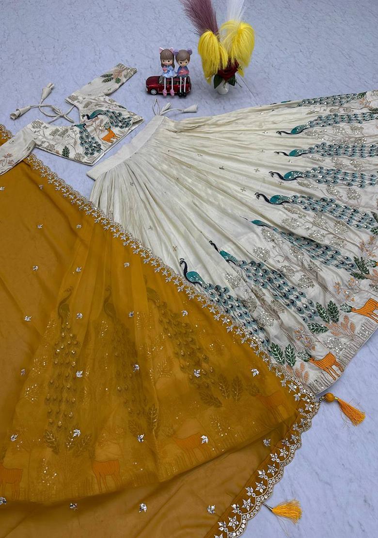 Cream Embroidered Silk Lehenga Set With Dupatta