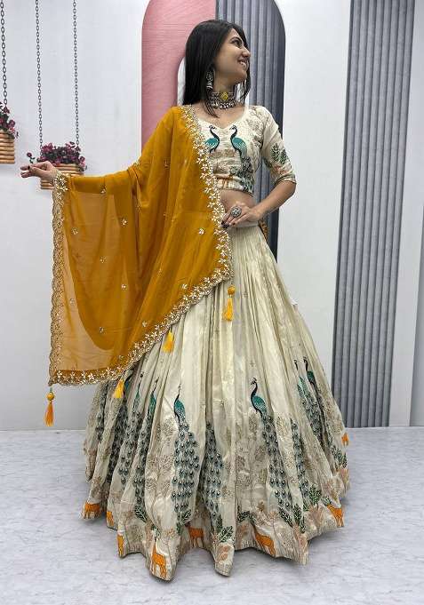 Cream Embroidered Silk Blend Lehenga Set With Dupatta for Diwali and Festive Wear