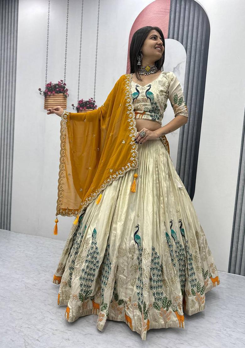 Cream Embroidered Silk Lehenga Set With Dupatta