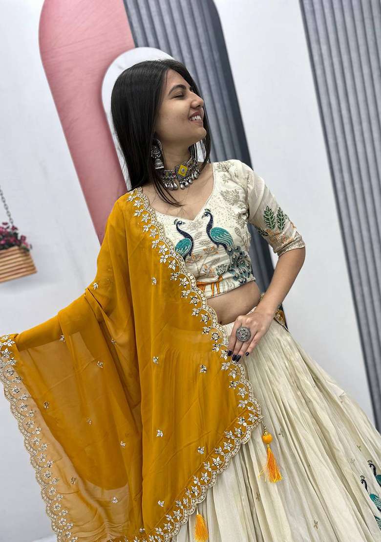 Cream With Dupatta Silk Blend Lehenga Set with Embroidered for Diwali | Wedding & Festive Wear - Indya