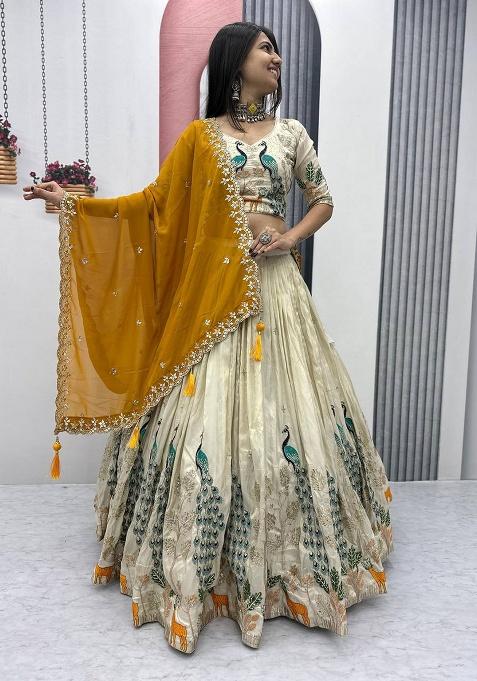 Cream Embroidered Silk Lehenga Set With Dupatta