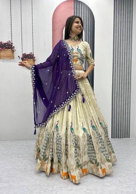 Cream Embroidered Silk Lehenga Set With Dupatta