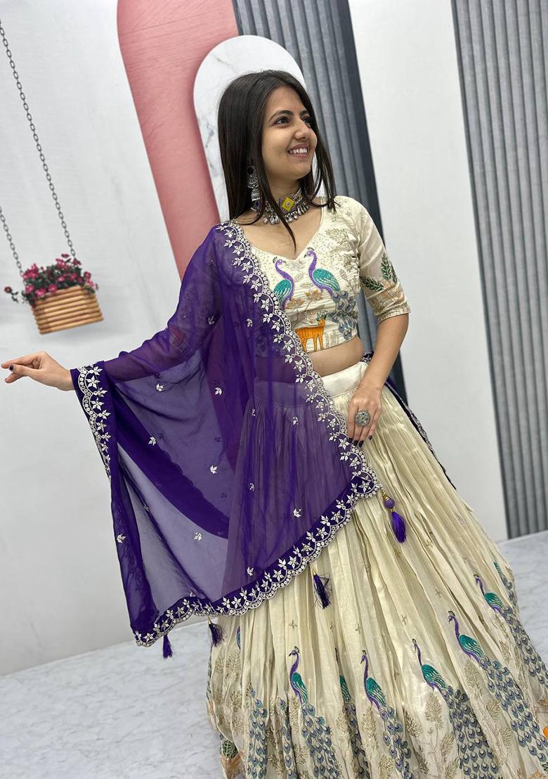 Cream Embroidered Silk Lehenga Set With Dupatta