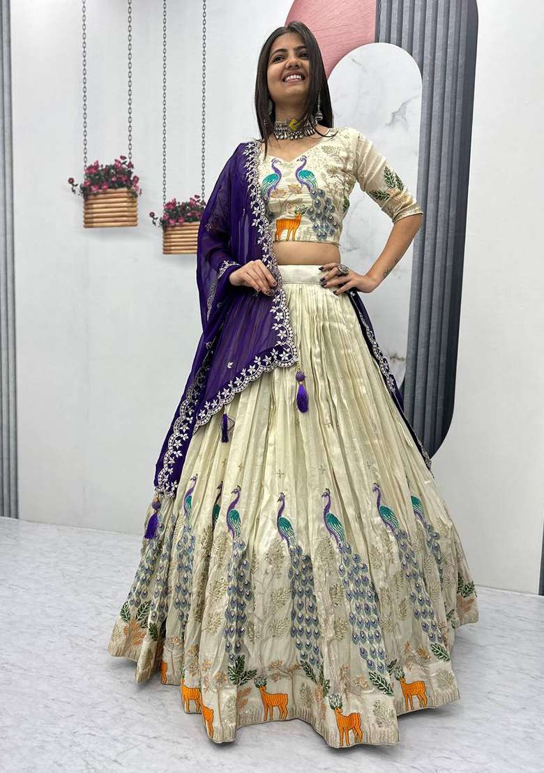 Cream With Dupatta Silk Blend Lehenga Set with Embroidered for Diwali | Wedding & Festive Wear - Indya