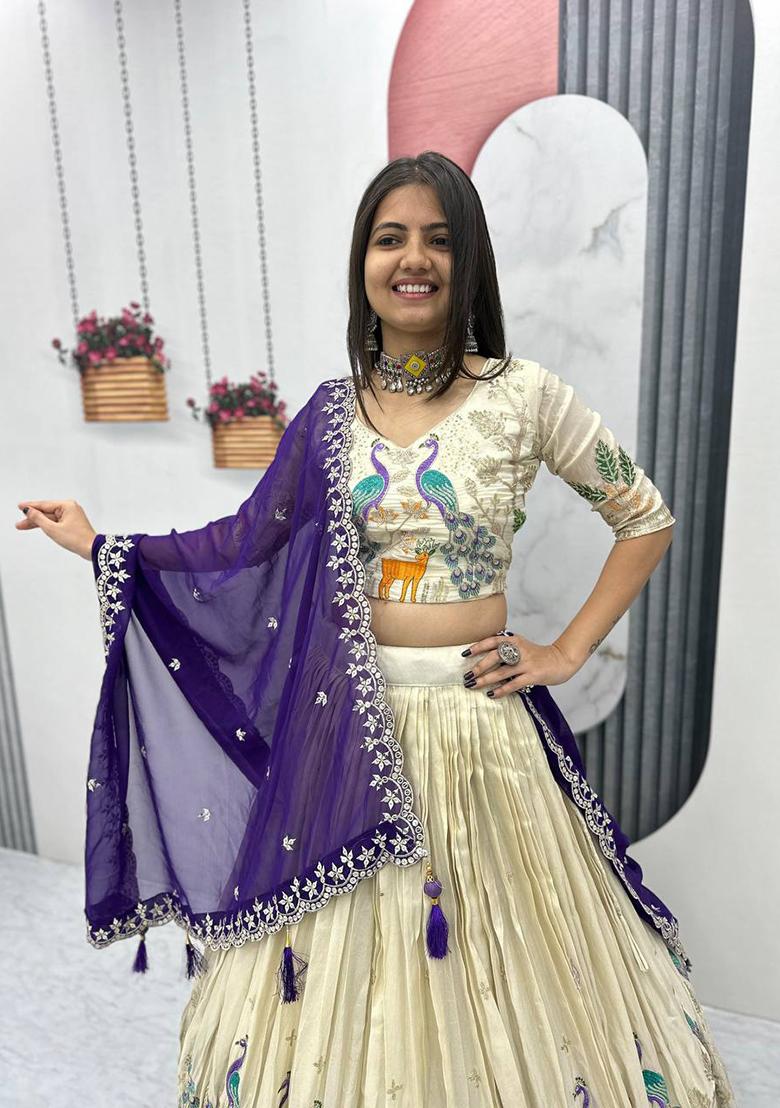 Cream Embroidered Silk Lehenga Set With Dupatta