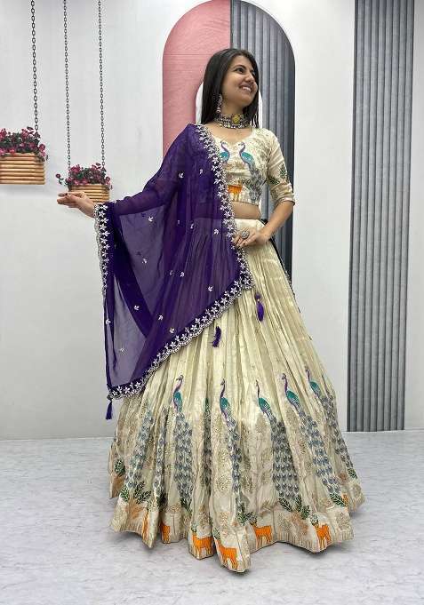 Cream With Dupatta Silk Blend Lehenga Set with Embroidered for Diwali | Wedding & Festive Wear