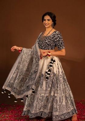 White Embroidered Cotton Lehenga Set With Dupatta