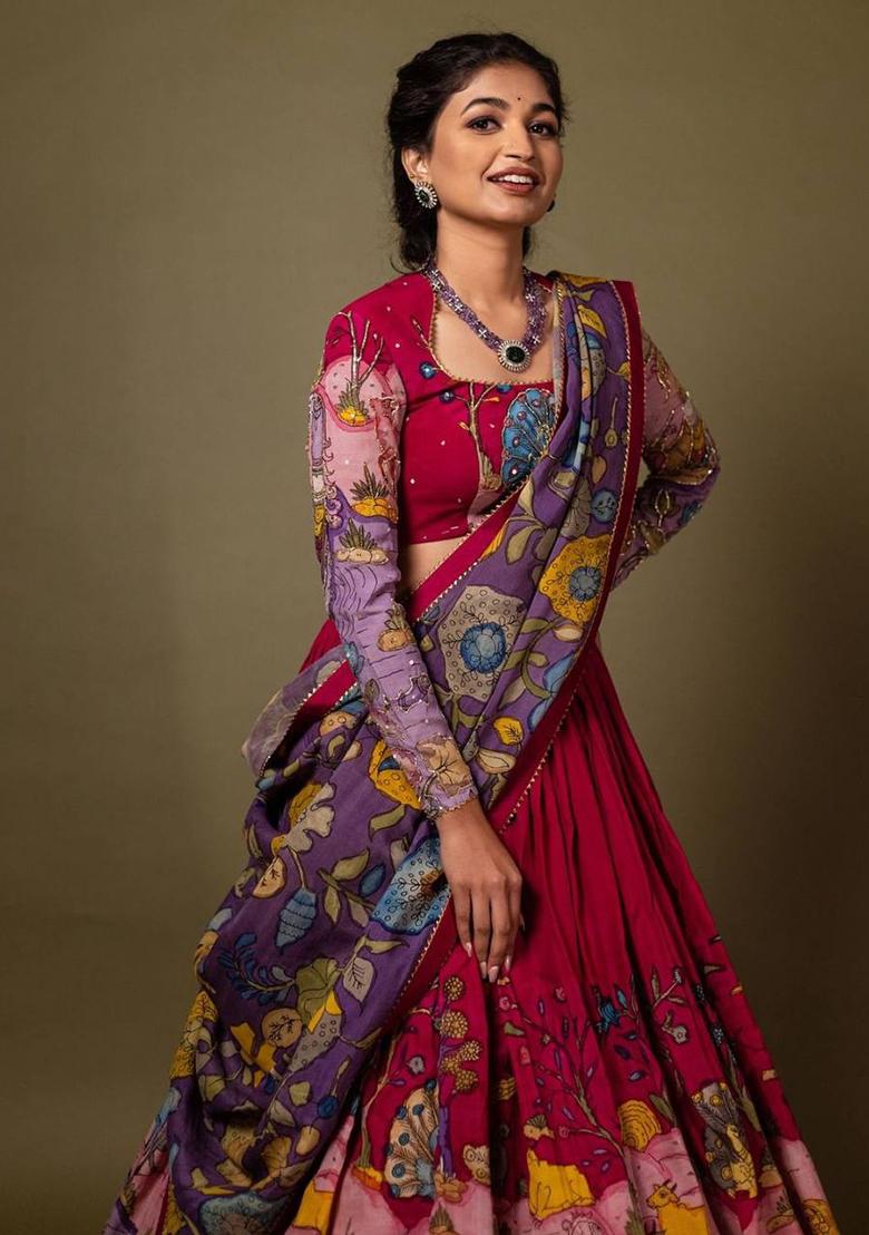 Maroon Embroidered Cotton Lehenga Set With Dupatta