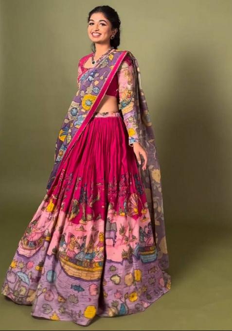 Maroon Embroidered Cotton Lehenga Set With Dupatta