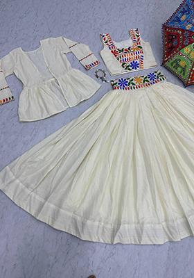 Cream Embroidered Cotton Lehenga Set With Dupatta